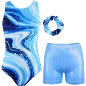 JESKIDS Gymnastics Leotards for Girls Dance Unitards Biketards Matching Shorts Activewear Suits for Girls (Milky Way, 6-7 Years)