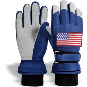 Kids Winter Gloves Blue - 4-Layer Waterproof Warmth, Non-Slip Grip & DIY Patches | Snow Ski Gloves for Boys/Girls | Big Kid Sizing for Sledding & Snowball Fights