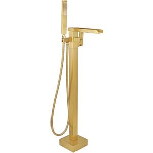 Free Standing Tub Faucet Brushed Gold, Floor Mount Freestanding Tub Faucets, Brass Stand Alone Tub Filler, Waterfall High Flow Bathtub Shower Mixer Tap