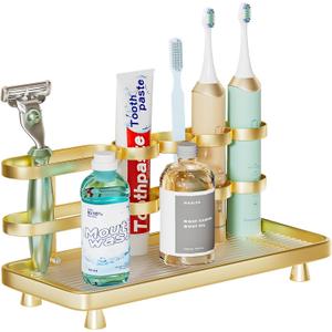 YOOLENS Electric Toothbrush Holder for Bathroom Countertop 5 Metal Slots Toothpaste Razor Mouthwash Organizer, Gold