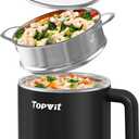 Topwit Hot Pot Electric with Steamer, 1.6L Ramen Cooker, Electric Pot for Pasta, Shabu-Shabu, Oatmeal, Soup and Egg, Portable Cooker with Dual Power Control, Dorm Room Essentials, Black