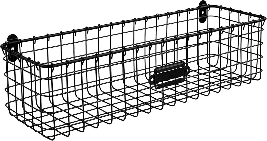 Spectrum Wall Mounted Wire Basket with Label Matte Black, Vintage Wire Basket Wall Mount Organizer for Kitchen Bathroom Laundry Pantry, Durable Steel Wall Mount Storage Basket