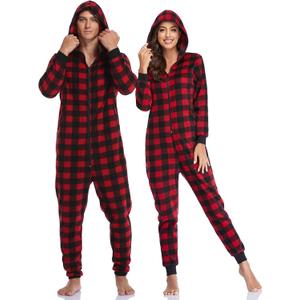 COLORFULLEAF Christmas Onesie Pajamas Adult Family Couples Matching Plaid Hoodie Suit Zipper Fleece Pj For Women and Men (Red, XXL)