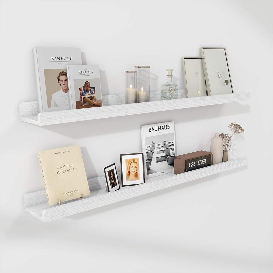 White Floating Shelves for Wall 36 Inch, Picture Ledge Shelf Set of 2, Solid Ash Wood Floating Shelves with Lip, Natural Wood Picture Shelf for Wall with Ledge, Photo Ledge Shelves