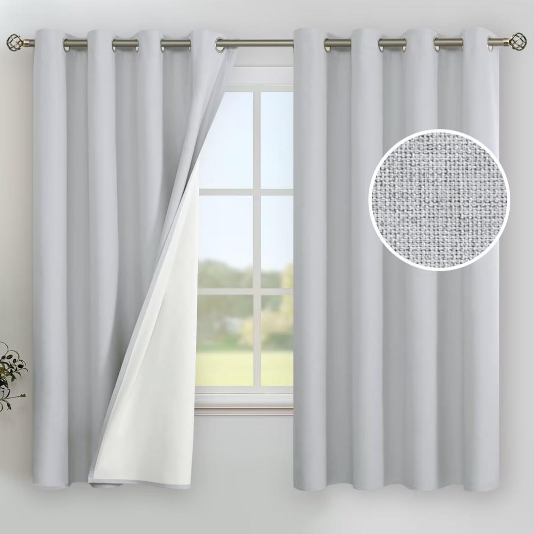 YoungsTex Light Grey Linen Blackout Curtains 63 Inch Length for Bedroom, Thermal Insulated Drapes with Grommet Room Darkening for Living Room, 2 Panels, 52 X 63 Inch