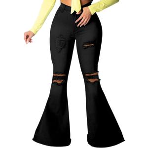 70s Bell Bottom Jeans for Women Elastic High Waisted Raw Hem Denim Pants Classic Vintage Flared Jeans (X-Large, Black)
