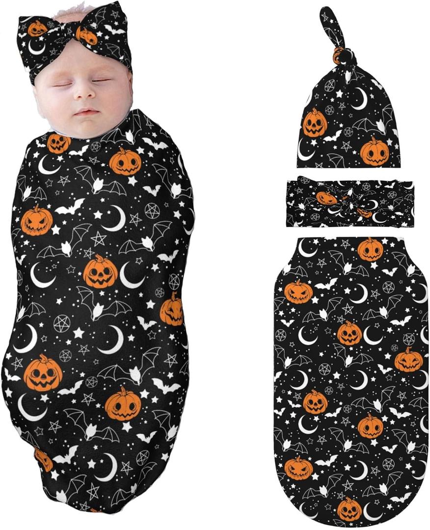 Halloween Swaddle Blankets Newborn Receiving Blanket Baby Swaddle Wrap with Headband Hat Set for Baby Girls Boys (One Size)