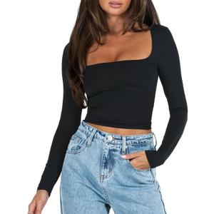 Women's Slim Fit Going Out Crop Tops Casual Solid Color Square Neck Long Sleeve Tight Tee Shirt Basic Streetwear (Small, Black)