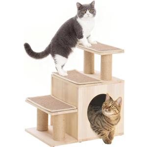 3-in-1 Pet Stairs for Cats, 6.3" Depth Pet Steps for Cat, Wood Cat Stairs for High Bed and Sofa, 1 Condo Cave, Scratching Post, Sturdy Indoor Pet Stairs with Non-Slip Carpet Pads