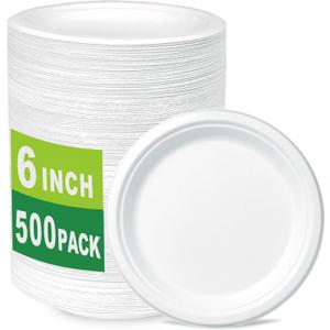 4 x CantaGreen 500 Count 6 Inch Small Heavy Duty Compostable Dessert Plates, Biodegradable Bagasse and Bamboo Fiber Paper Plates
