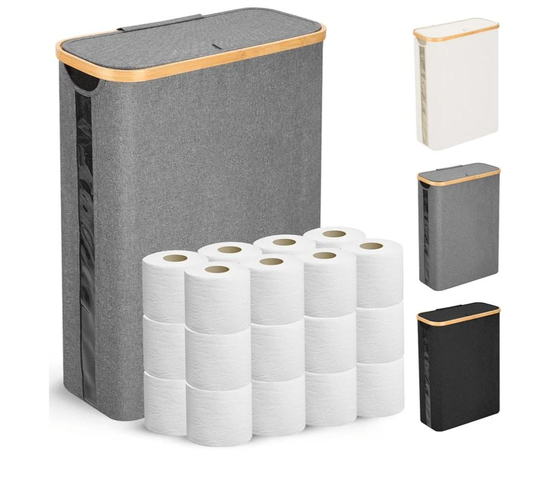 Odonata Large Toilet Paper Storage Basket with Lid, Slim Toilet Paper Organizer, Hold up to 20 Regular Rolls or 15 Mega Rolls. (Grey, 49L)