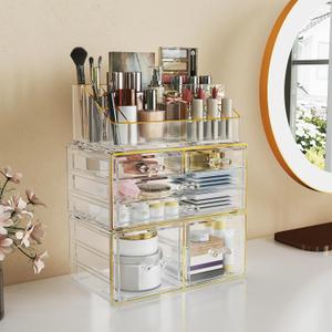 Delamu 3-Tier Makeup Organizer Countertop - Cosmetic Organizer with 6 Drawers, Vanity Organizer for Bathroom/Bedroom, Stackable Makeup Organizers for Lipstick Brush, Skincare, Perfume, Clear