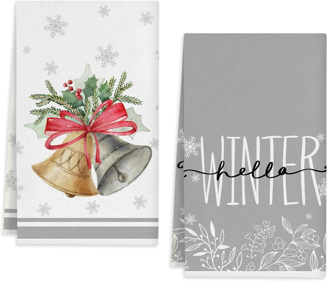 2PCs Kitchen Towels for Merry Christmas Party Decorations, Grey Christmas Dish Towels Seasonal Winter Xmas Supplies for Home Drying Dishcloth Hand Towels 18x26 Inch