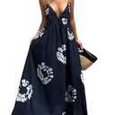 SOLY HUX Women's Boho Floral Print Backless Maxi Dress Tie Front Deep V Neck Sleeveless A Line Flowy Dresses Dark Blue Print Small