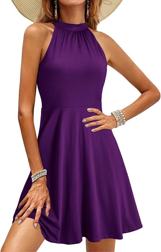 OUGES Women's Halter Neck Floral Summer Casual Sundress, Purple, Medium