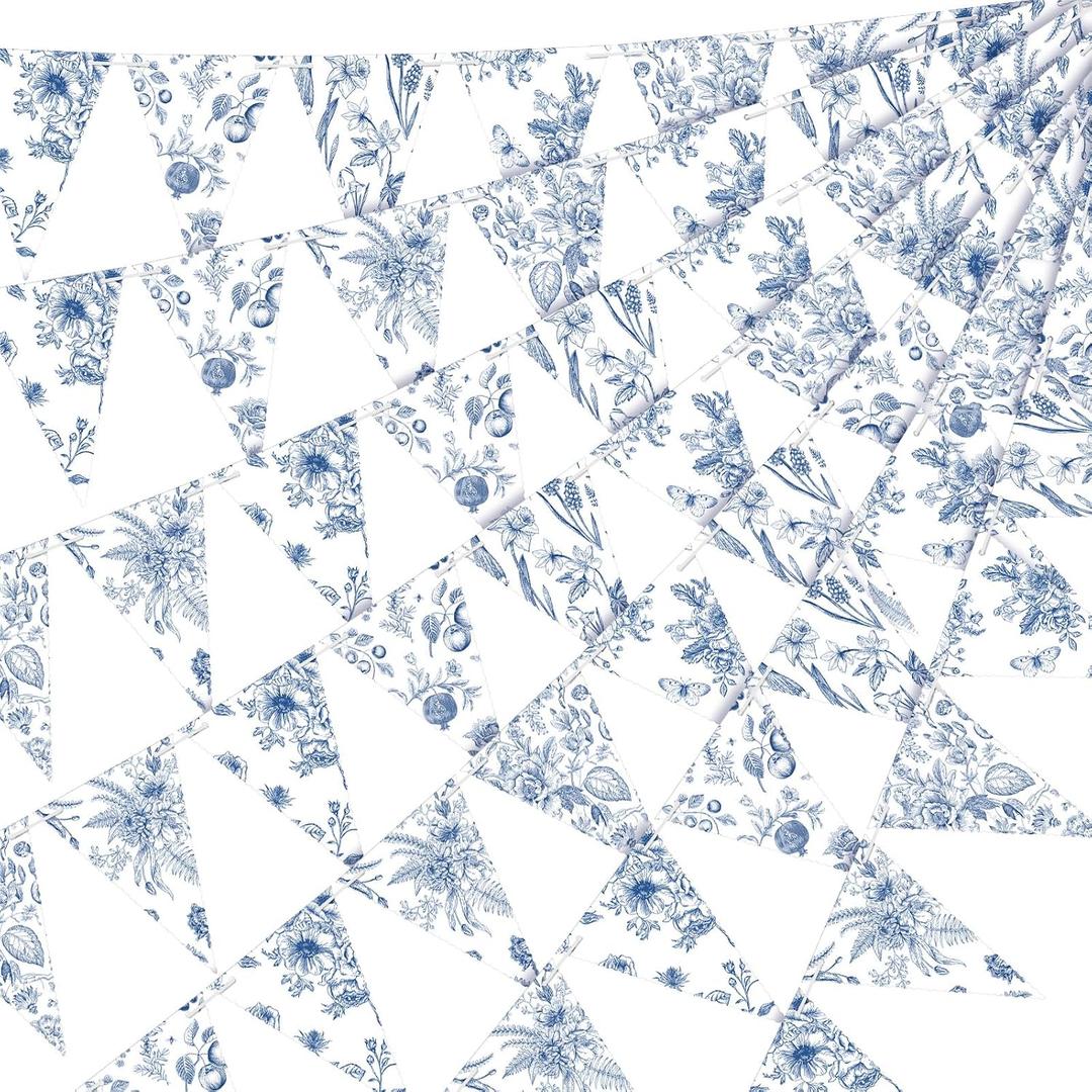 5 Pieces Blue White Vintage Floral Paper Pennant Garland Wedding Garland Triangle Banner for Wedding Bridal Shower Outdoor Decoration