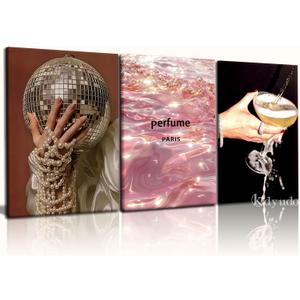 Kdyudo 3pcs Pink Disco Ball Canvas Framed Wall Art,Fashion Bar Cart Cocktail Fun Poster Print Pearl Perfume Girl Pictures Suitable for Girl Dormitory Bedroom Apartment Wall Decoration 16x24 inch