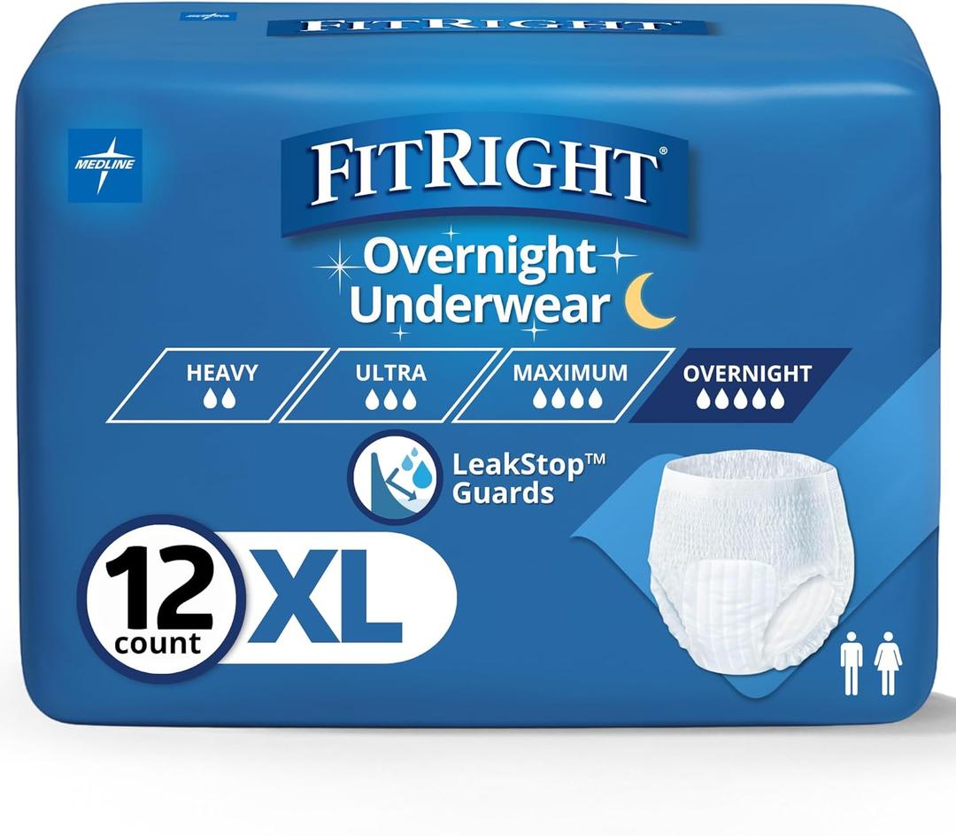 FitRight Overnight Unisex Extra Large Underwear, (56-68 in Waist) 12 Count, Maximum All Night Disposable Incontinence Protection, Pull-On Absorbent Underwear for Men and Women, 1 Bag