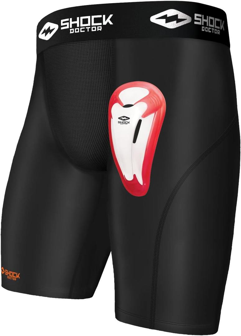 Shock Doctor Compression Shorts with Protective Bio-Flex Cup, Moisture Wicking Vented Protection, Youth Size (Large, Black)