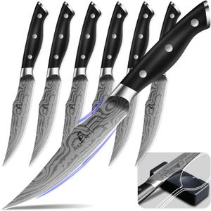 Steak Knives Set of 6, 4.8 Inch Non Serrated Razor-Sharp Durable Dinner knives with Rest, German Stainless Steel Damascus Pattern Full Tang Forged, Rust Resistant & Easy to Maintain