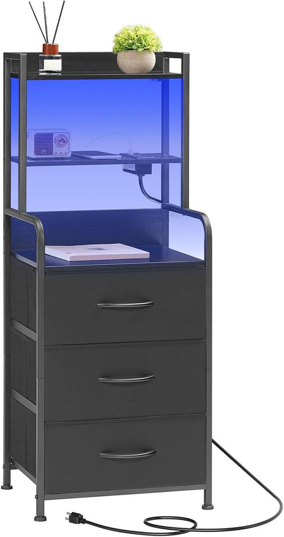 HOOBRO Tall Nightstand with Charging Station, LED Bedside Table with 3 Fabric Drawers and Open Shelves, USB-A, Type-C, 2 AC Outlets, Modern End Table for Bedroom, Black BB206UDBZ01
