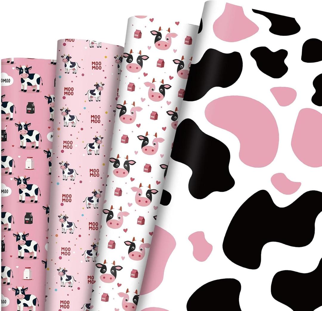 Pineraap 12 Sheets Pink Cow Wrapping Paper, Cow Print Gift Wrap Paper Cute Farm Animal Gift Packing Paper for Boys Girls Birthday Party Baby Shower, 20 x 28 Inch