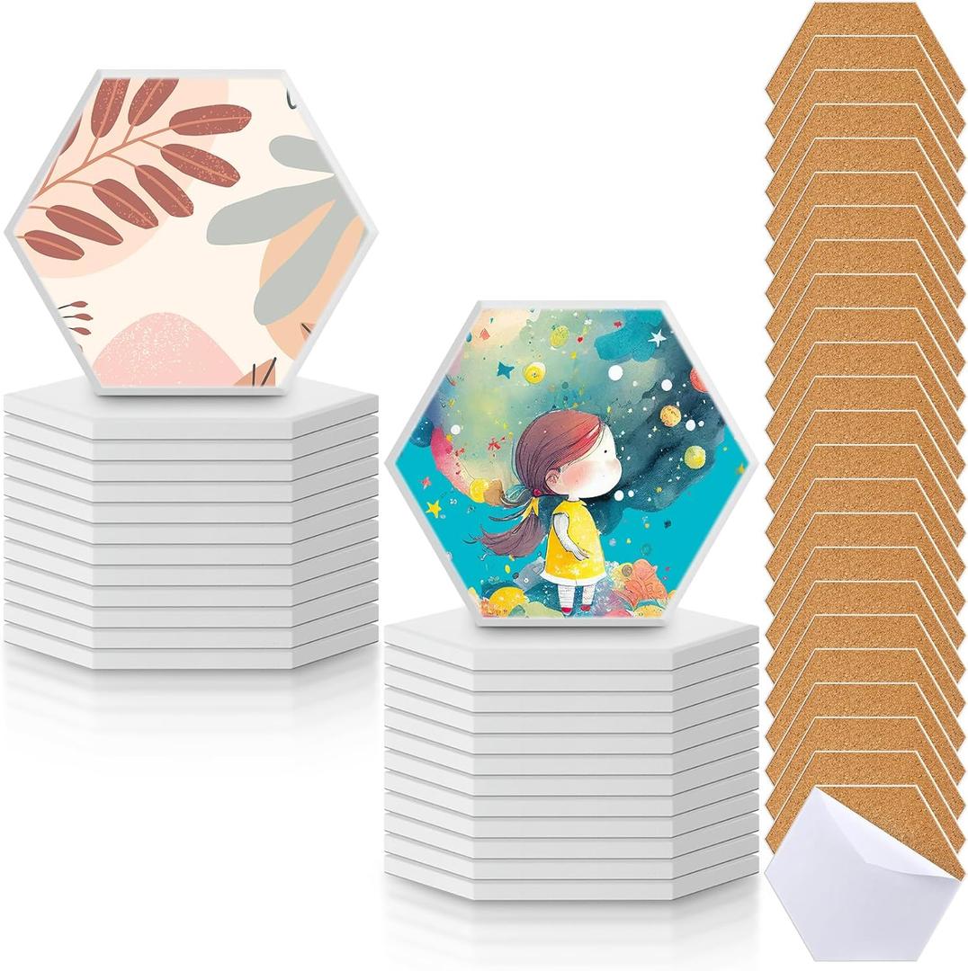 Zopeal 24 Pcs Ceramic Tiles for Crafts Coasters Include Unglazed White Ceramic Tiles with Cork Backing Pads Use with Alcohol Ink Acrylic Pouring for DIY Project Gift (Square) (White, Burly Wood)