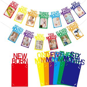 Buryeah Rainbow 1st Birthday Photo Banner for Baby from Newborn to 12 Months One Year Photo Banner with Frame First Birthday Party Decorations for Girl Monthly Milestones Garland