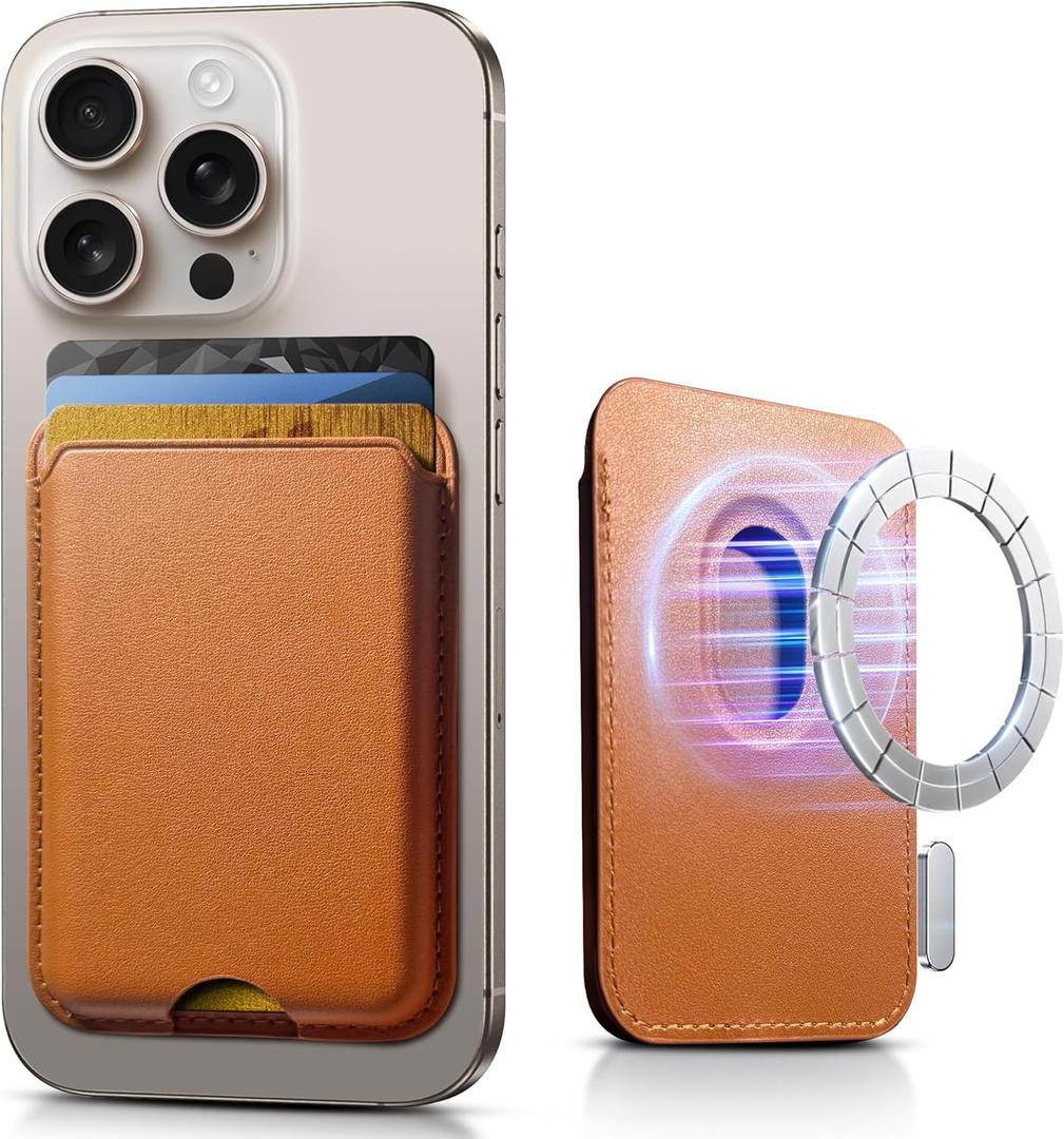 SOUNDBYTE Stronger Magnetic Wallet for iPhone 17/16/15/14/13/12 Series & for MagSafe Cases | N52 Magnet RFID Blocking Leather Magnetic Card Holder with Powerful Magnets | Holds 3 Cards | Orange