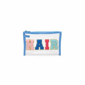 Rose Red HAIR Cosmetic Bag Preppy Patch Chenille Varsity Letter Makeup Bag PVC Zipper Waterproof Beach Travel Toiletry Organizer(Blue)