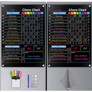 2-Pack Acrylic Magnetic Chore Chart for Kids, 12"x16" Daily/Weekly Easy-Check Reward Responsibility to Do List, Fridge Dry Erase Board for Multiple Kids Teens Adult Family with 7 Markers (Black)