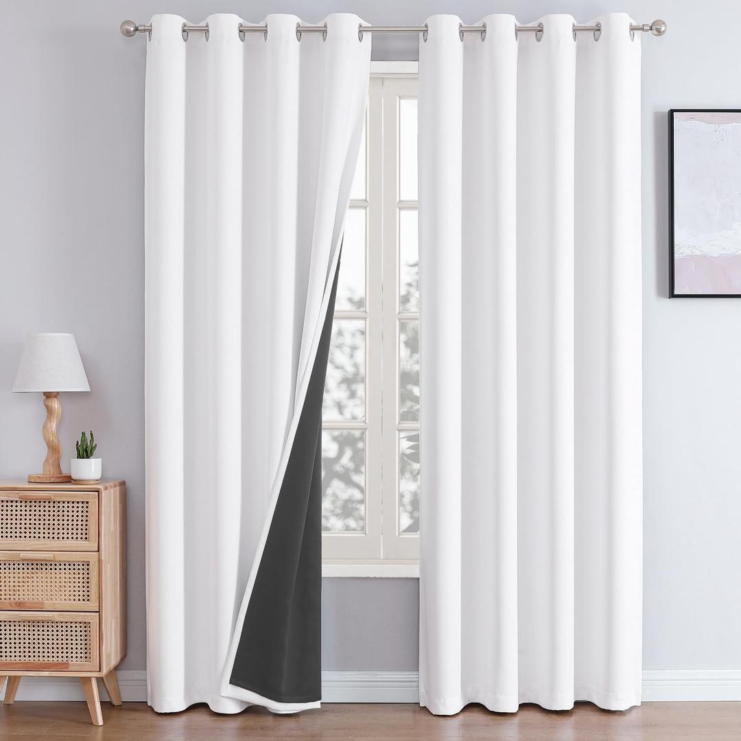 ChrisDowa White 100% Blackout Curtains 90 inch Long for Bedroom with Black Liner, 2 Thick Layers Total Blackout Thermal Insulated Grommet Long Window Curtains 2 Panels Set (Pure White, 52 x 90 Inch)