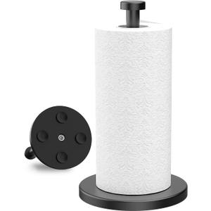 VEHHE Black Paper Towel Holder Countertop, Stainless Steel Paper Towel Holder Stand with Weighted Base Suction Cups for Kitchen Bathroom