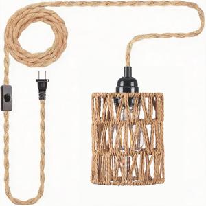 Finktonglan Plug in Rattan Pendant Light, E26 Socket, 11.5ft Cord with Switch, Boho Rope Woven Shade Swag Hanging Light, Sloped Ceiling, Single Pack