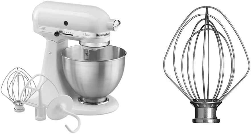 KitchenAid Classic Series 4.5 Quart Tilt-Head Stand Mixer K45SS, White & 6-Wire Whip for 3.5 Quart Tilt Head Stand Mixers, Metallic