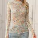 Ugerlov Womens Lace Long Sleeve Mesh Top Floral Mock Neck See Through Going Out Top with Thumb Hole Party Outfits Shirts (S)