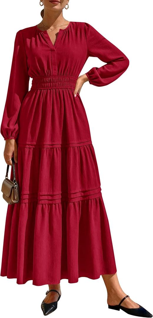 PRETTYGARDEN Women's 2026 Elegant Maxi Dresses Long Sleeve V Neck Flowy Pockets Casual Modest Dress Fall Fashion Clothes
