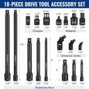 WORKPRO 18-Piece Impact Socket Extension Set, Includes Socket Adapters, Ratchet Extension Set, Socket Extension Bar, Swivel Universal Joints and Impact Coupler, 1/4", 3/8" & 1/2" Drive