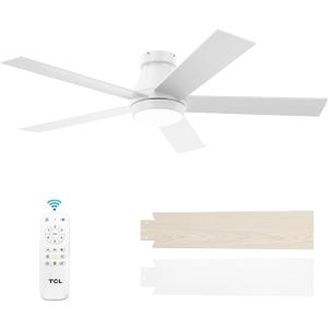 TCL 52" Ceiling Fan with Lights, Black Flush Mount Ceiling Fans with Remote Control, 6 Speeds DC Reversible, Dimmable, Noiseless, Low Profile Ceiling Fans for Bedroom, White 