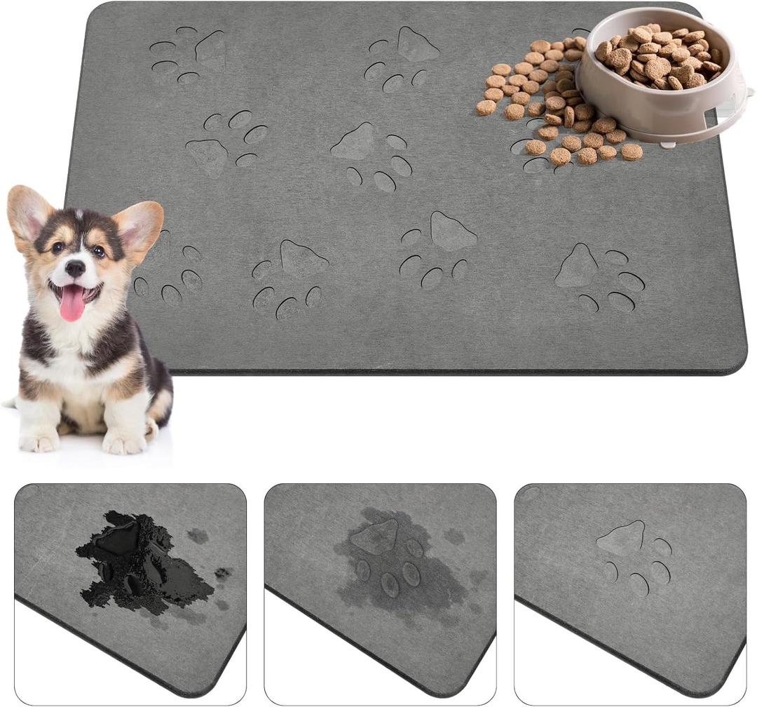 Drydiet Dog Gift Stone Mat for Dog Bowl Diatomaceous Earth Absorbent Non Slip Cat Puppy Mat for Food and Water Quick Drying Easy to Clean Placemat for Bowl Dish(Dark Gray,16 x 24 Inch)