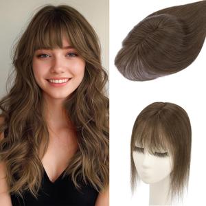 Benehair Hair Toppers for Women Real Human Hair 3603D Clip in Bangs Toppers with Bang for Thinning 150% Density Hairpieces Lace Base Long Coverage Wiglet for Daily Use #02 Dark Brown 12Inch