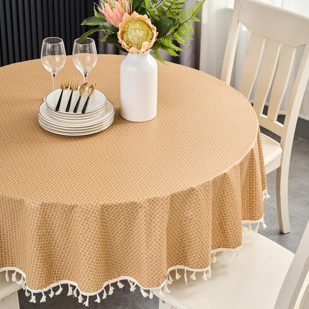 LIBERECOO Round Tablecloth, Waterproof Vinyl Tablecloths with Flannel Backing, Plain Weaves Pattern Wipeable & Reusable Plastic Table Cloth with Tassels, Ideal for Kitchen and Dining Room, 60 Inch