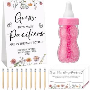 Roowest 512 Pcs Baby Shower Games Guess How Many Pacifiers Sign 100 Small Guessing Games 10 HB Pencils 750ml Milk Bottle 400 Acrylic Pacifiers Decoration for Guest Gender Reveal (Pink,Wild Flower)