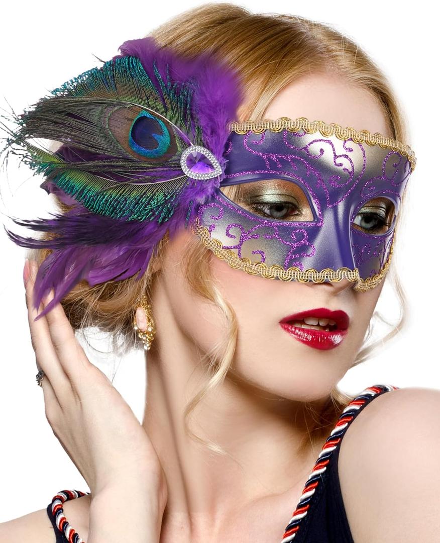 Halloween Masquerade Masks for Women - 2025 Peacock Feather Mask for Men Couples, 1920s Venetian Eyemask for Party (Gold and Purple)