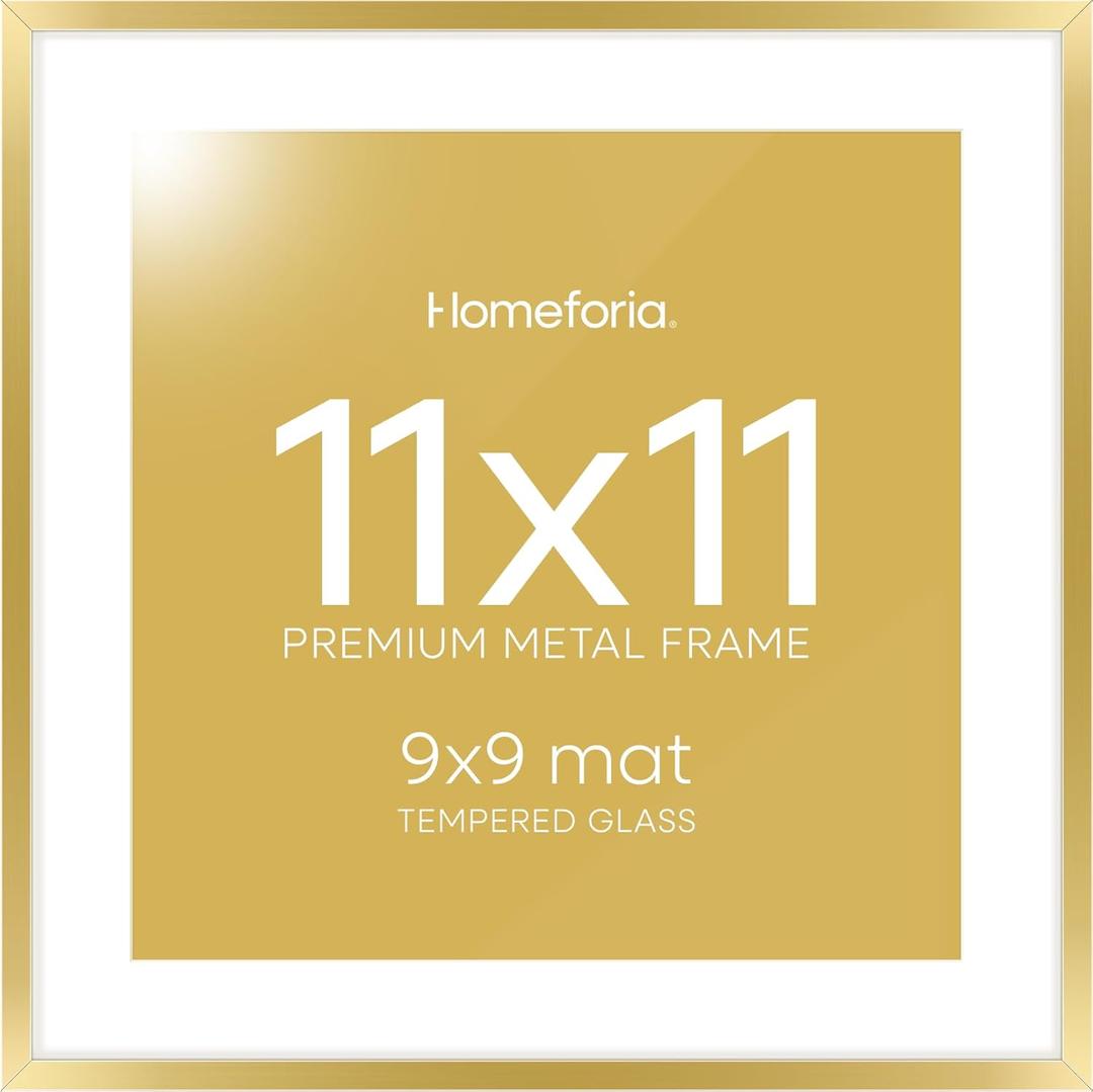 Homeforia 11x11 Gold Picture Frame, High-End Metal Square Frame 11 x 11 for Wall, Gold Photo Frame with Mat 9x9, Tempered Glass, Wall Kit, Set of 1