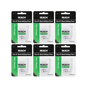 REACH Waxed Dental Floss, Mint, Plaque Remover for Teeth, Shred Resistant, Floss Slides Smoothly, Easy to Use, Waxed, Deep Cleaning Teeth, Oral Care, PFAS Free, for Adults & Kids, 6 Pack, 55 yd
