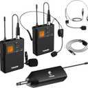 TONOR UHF Wireless Microphone System with Dual Headset Microphones/Lavalier Lapel Mics, Bodypack Transmitters, Mini Rechargeable Receiver, 2x15 Channels 200ft Range, for Recording Speech PA Speaker