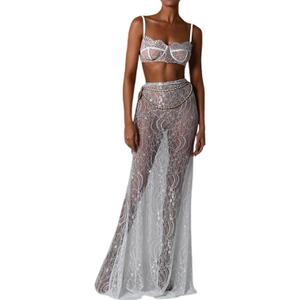 Women 2Pcs Lingerie Set Lace See-Through Sleeveless Camisoles High Waist Long Skirts with Chain Sleepwear
