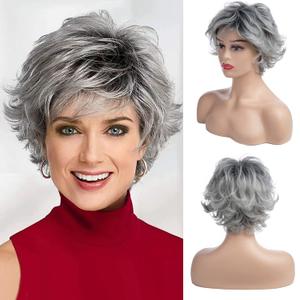 Short Grey Curly Layered Wig for Women Ombre Silver Grey Short Fluffy Synthetic Hair Wigs With Bangs