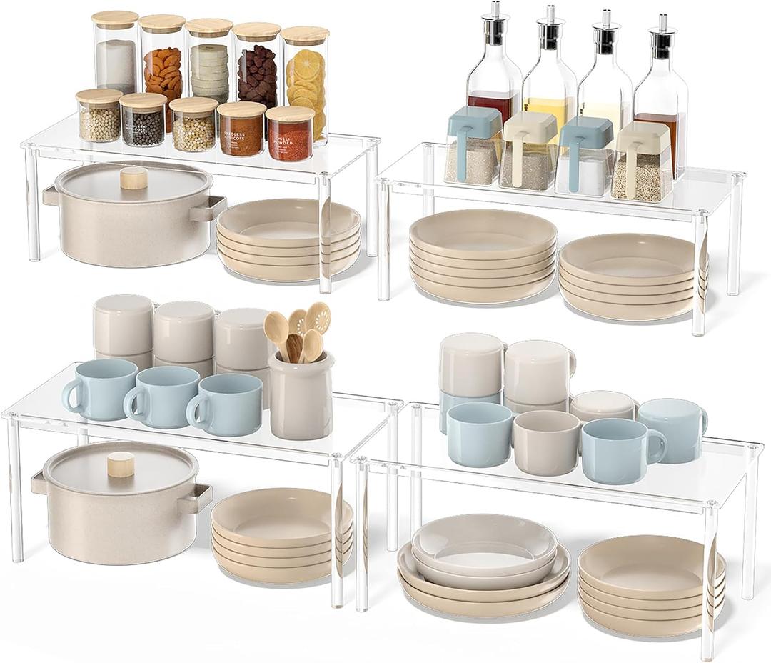 Cabinet Organizer Shelf, Acrylic 15.7'' Large Kitchen Counter Shelf, 4 Set Spice Rack for Cabinet, Kitchen Pantry Organizer and Storage for Stackable, Expandable